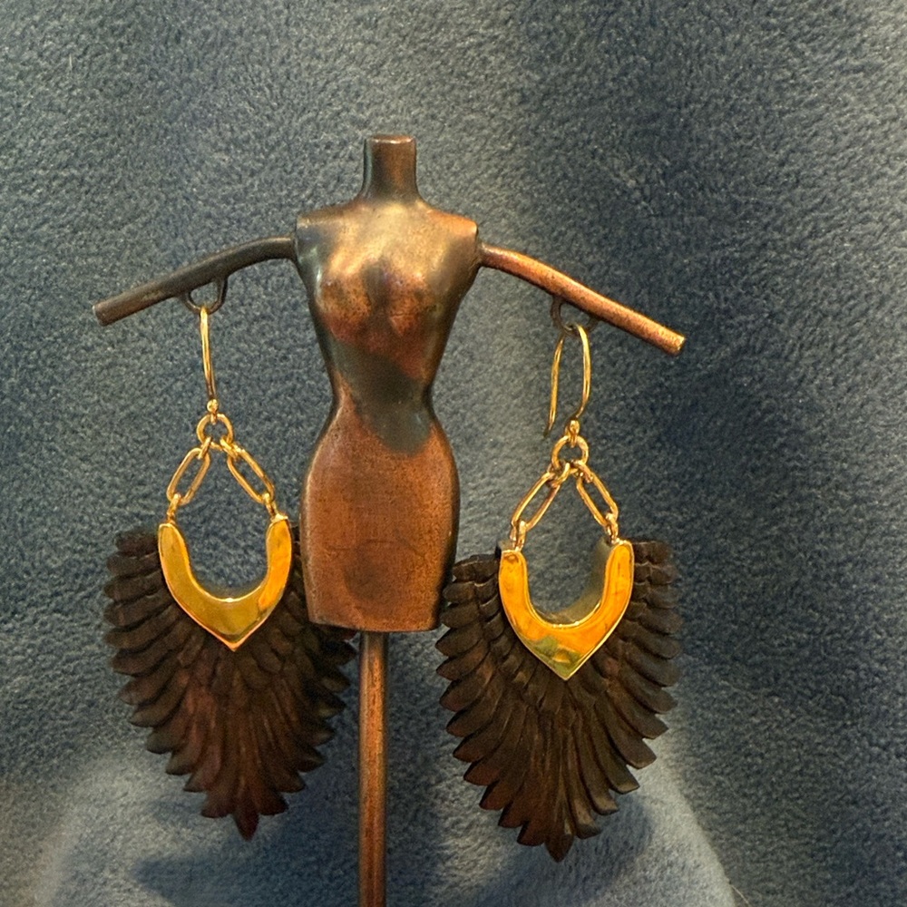 Gold Toned Trim Dark Wood Earrings Feather Style Earrings Hand Carved In Bali